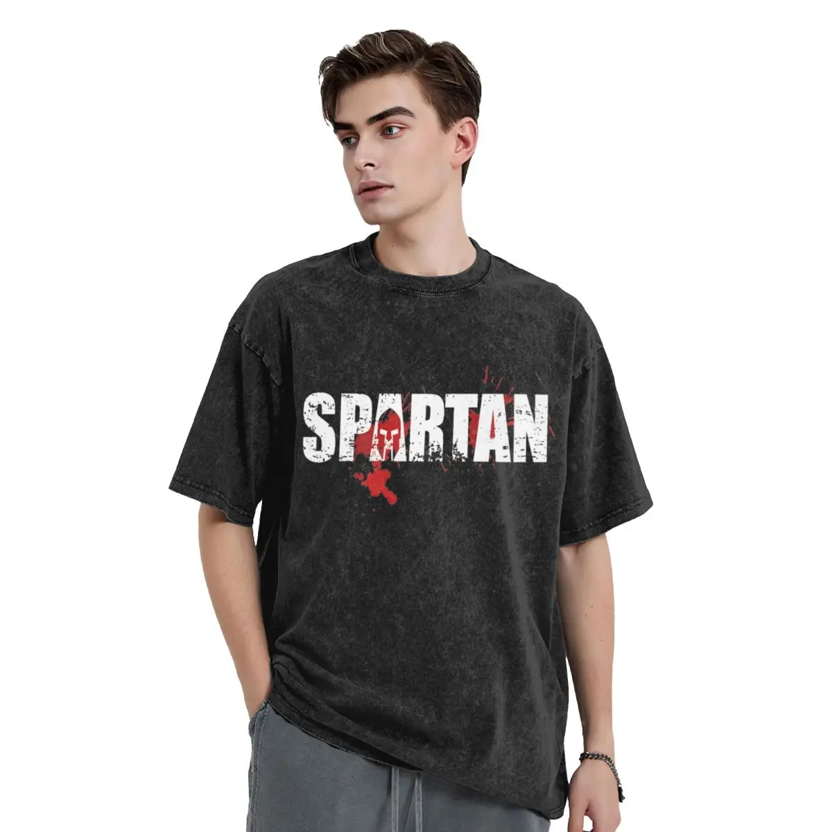 Washed T Shirt Spartan Race Beast Hip Hop Vintage T-Shirts Street Sparta Spirit Streetwear Cotton Printed Tops Tees Men Women