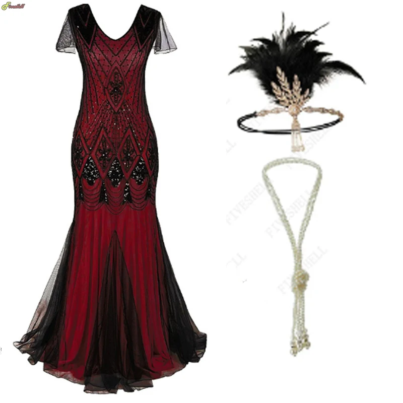 

1920s Costume Dress Vintage Flapper Fringe Beaded Sequin Gatsby Party Dress 20s Accessories Set Robe Gatsby Robe Femme Vestidos