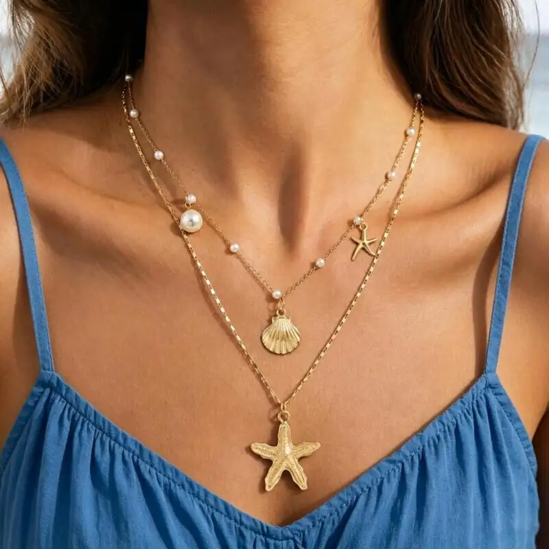 2Pcs Layered Necklace Set, Ocean Style Necklace with Shell, Pearl & Starfish Charms, Fashion Versatile Jewelry for Vacation Wear