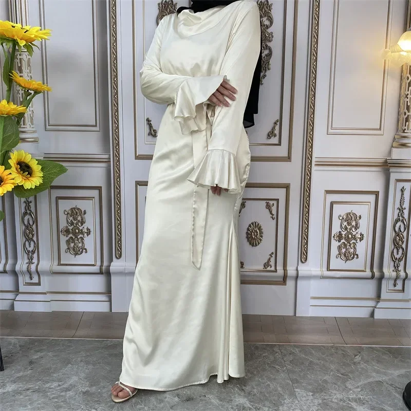 

Dubai Full Length Ruffled Sleeves Soft Solid Abayas Fashion Satin Sliky Women Muslim Dress Turkey Lace-up Muslim Islam Robes