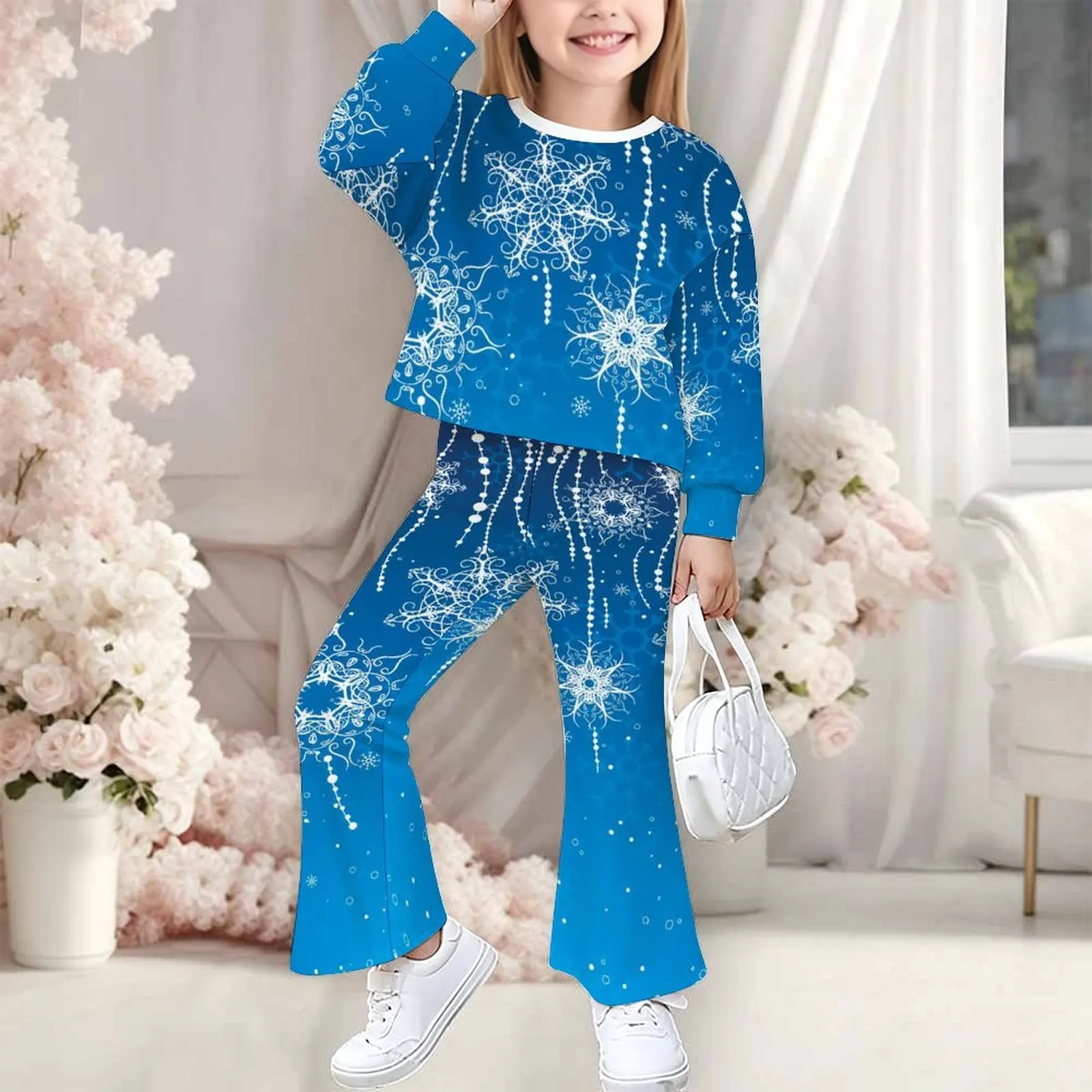 Casual Top Fashion Trousers Autumn Sweatshirt Set Winter Girl's Round-Neck Long Sleeve Cute Two-Piece Print Bell-bottomed Pants