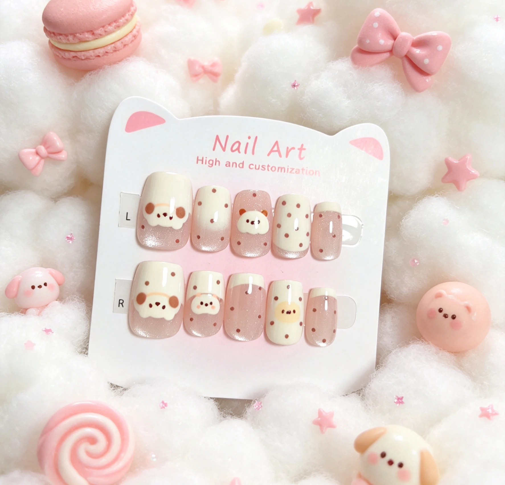 10pcs Short Square Kawaii Bear Press On Nails Nude White Glitter Polka Dot French Handmade Reusable Full Cover Fake Nail Tips
