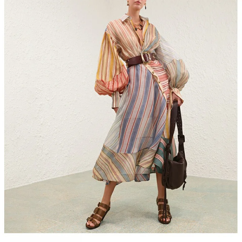 2026 vacances prêt à porter REBELLION soie lin motif à rayures Midi Dr couleur Blo Long Street Sle Fce v-ne Maxi Dr