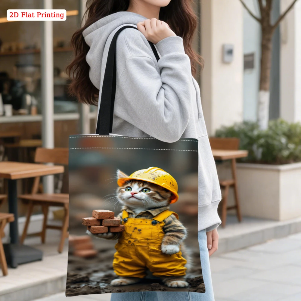 1pc Fashion Shoulder Bag Yellow Construction Worker Cat Print Tote Bag Daily Shopping Travel Storage Casual Handbag Pouch X-2