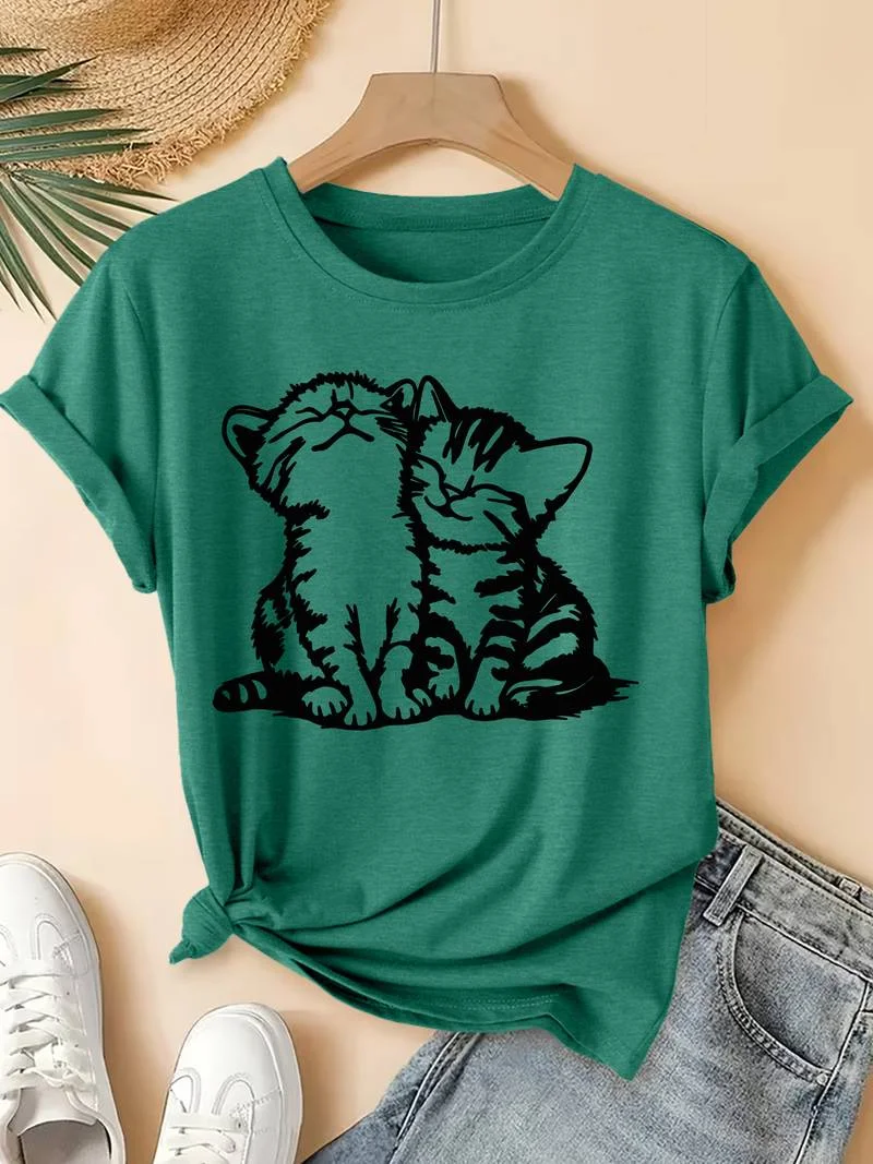 Cute Sleeping Kittens Print T Shirt For Women Black Line Art Cat Pattern Short Sleeve Casual Fashion Tees