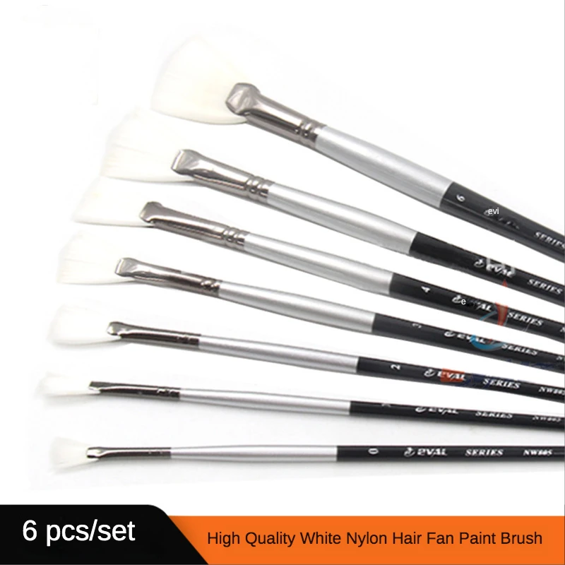 6 Pcs Set High Quality White Nylon Hair Fan-shaped Two-color Long Birch Rod Oil Painting Pen Acrylic Artist's Professional Brush