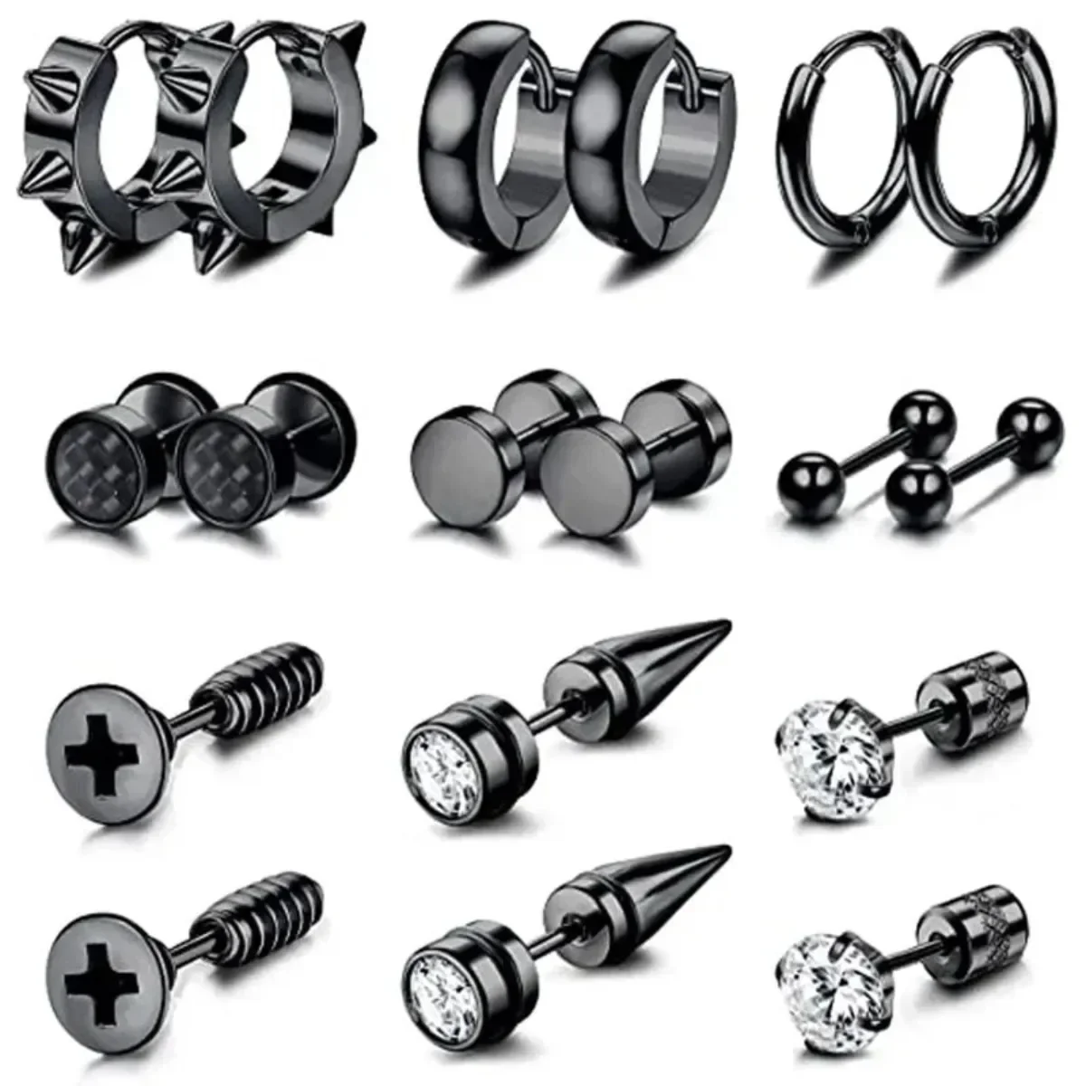 1Pairs Black Stainless Steel Screw Stud Earrings for Men Women Piercing Small Huggie Hoop Earrings Set