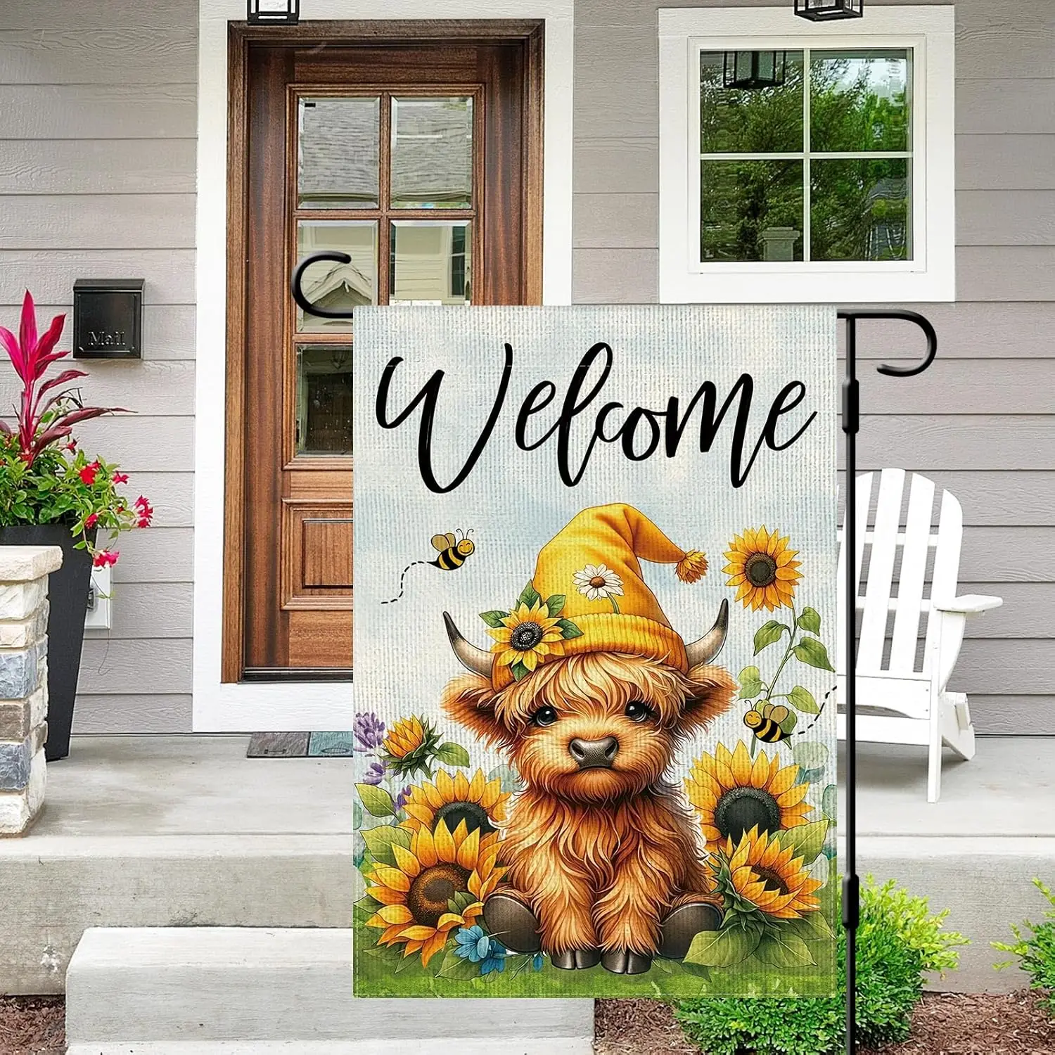 DLZDN Highland Cow Garden Flag 12×18 Inch Sunflower Bee Double Side Vertical Burlap Farmhouse Yard Sign Spring Summer Season AAS
