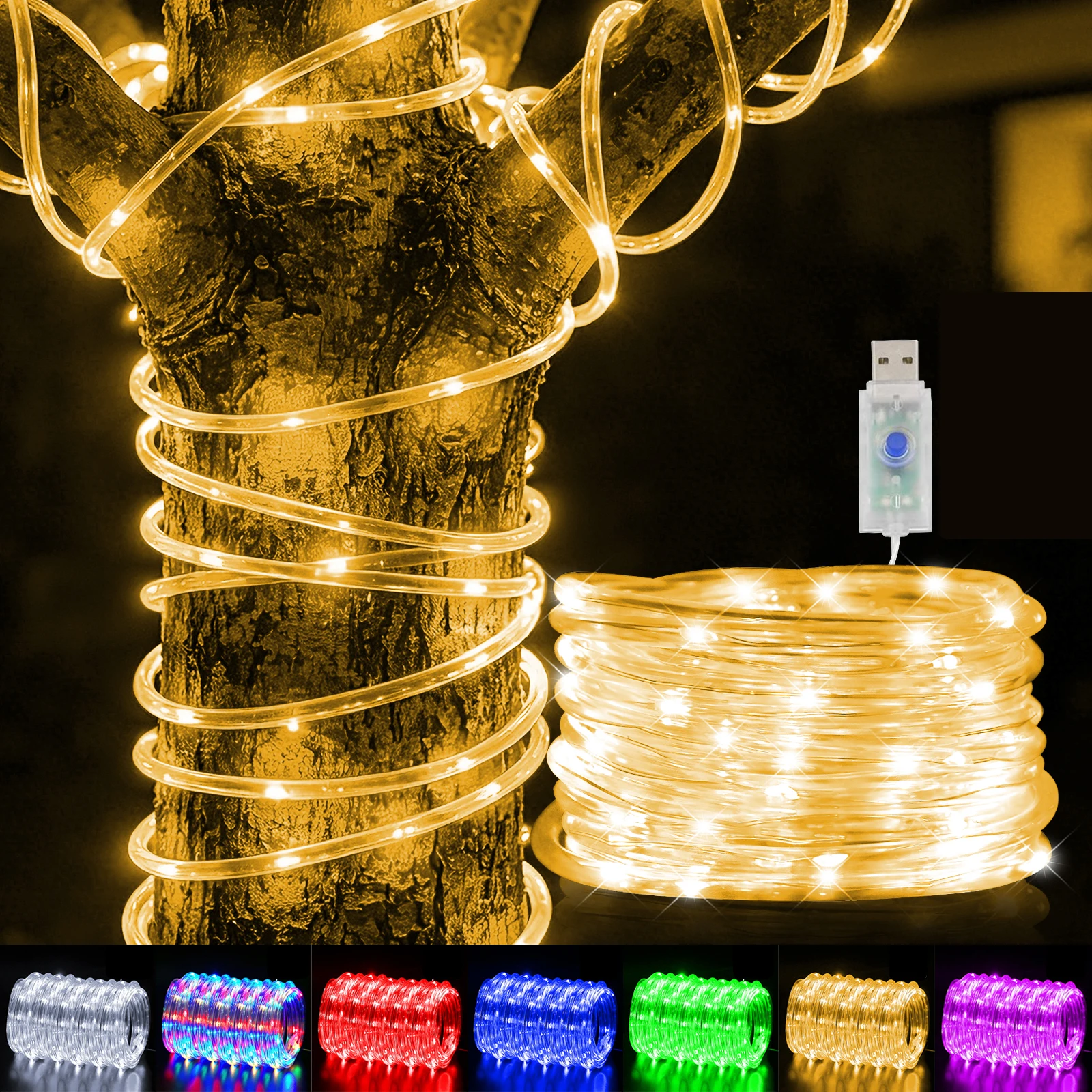 5V USB PVC Rainbow Tube String Lights 8 Lighting Modes Multicolor Warm White/Red/Blue Fairy Lights for Party Camping Decoration
