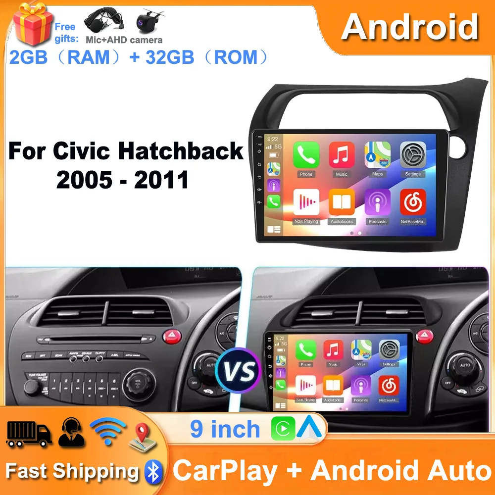 9inch Car Multimedia Player Android 15 Wifi For Civic Hatchback 2005 - 2011 GPS Navigation Fit For Carplay Android Auto 2+32G
