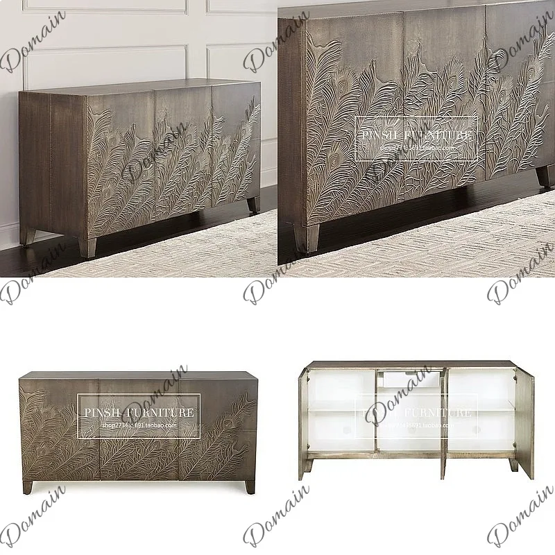 Nordic Post-Modern Solid Wood TV Cabinet with Relief Carving Light Luxury Vintage Sideboard Distressed Entryway Storage