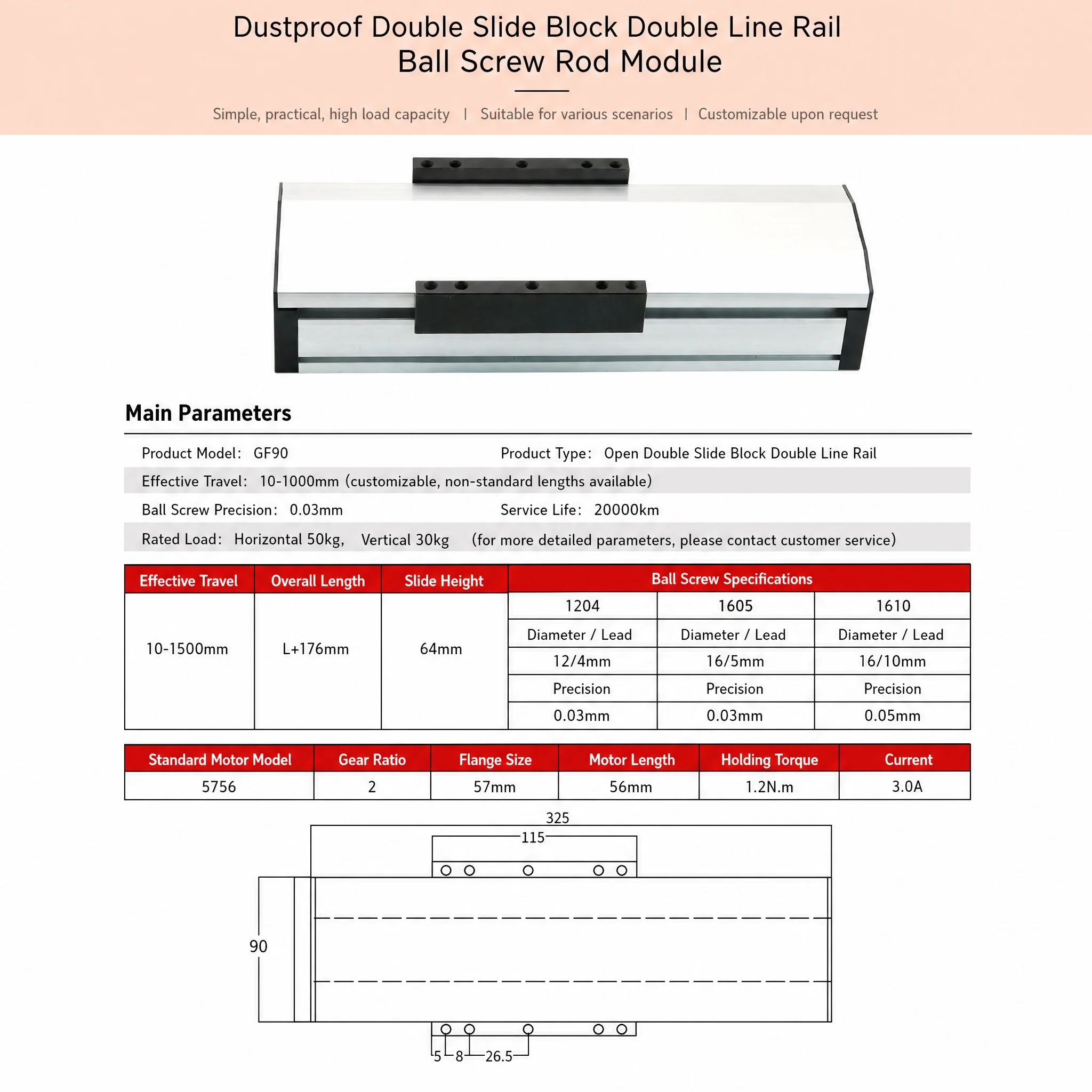 GF90 Kugelgewindetisch mit Doppelschiene, Doppelschlitten, staubdicht, CNC-Arbeitstisch – Detail 5