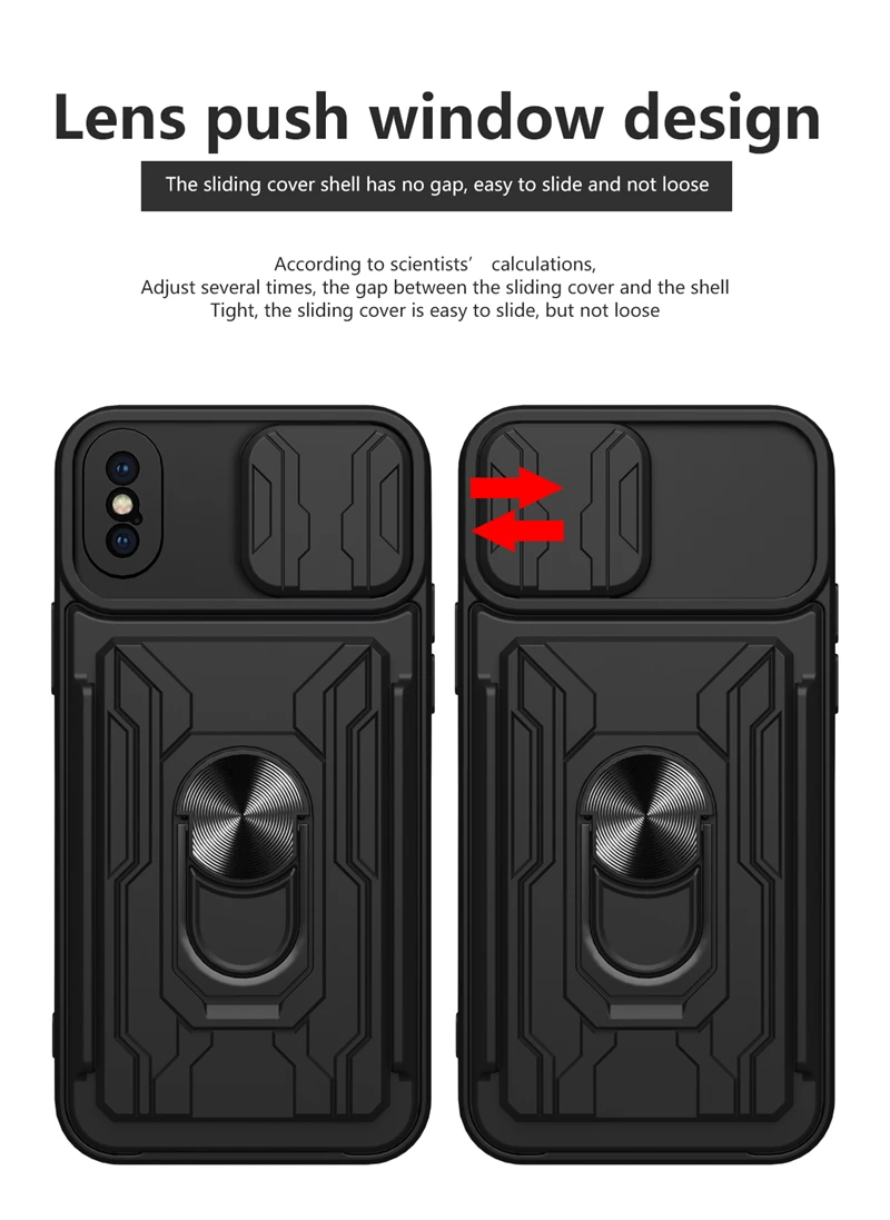 For iPhone 13 12 11 Pro Max Case Slide Camera Card Slot Kickstand Magnetic Ring Shockproof Armor XR XS Max X XS 6 7 8 Plus Cover