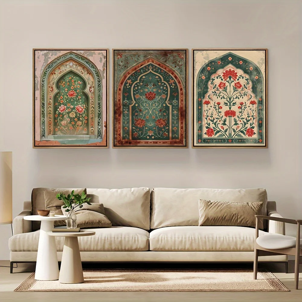 3PCS frameless decorative art print,3pcs/set Retro Islamic Flower Arch Art Canvas Print Muslim Arab Landscape Gallery Wall Ar