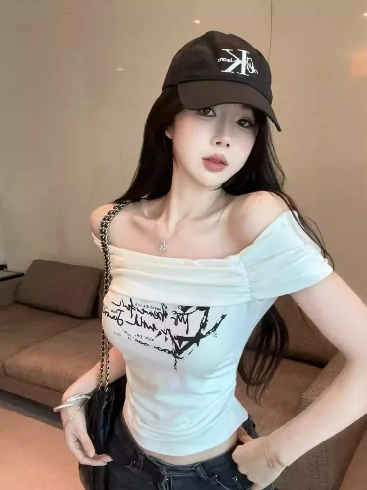 Sexy American YK Shoulder Bared Short Sleeve T Shirt Women Summer Pure Desire Spicy Girl Short Style Tube Top High End Feelin...