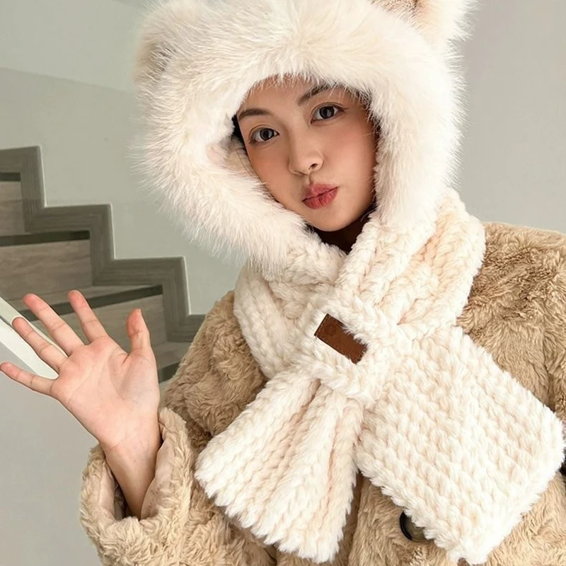 Women Winter Warm Fur Imitation Mink Plush Hat Scarf Thick Bear Ear Japanese Bomber Hat Ear Protection Cap