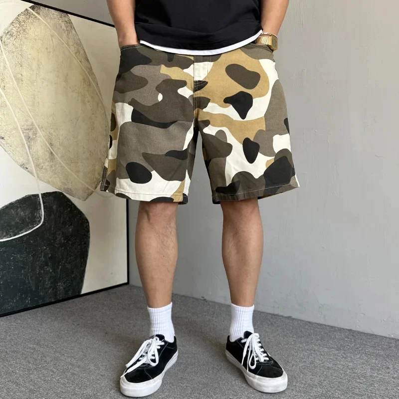 여름 캐주얼 쿨 레트로 빈티지 카모플라쥬 반바지 남성 루즈 트렌디 브랜드 하이 스트릿 와이드 레그 5부 바지