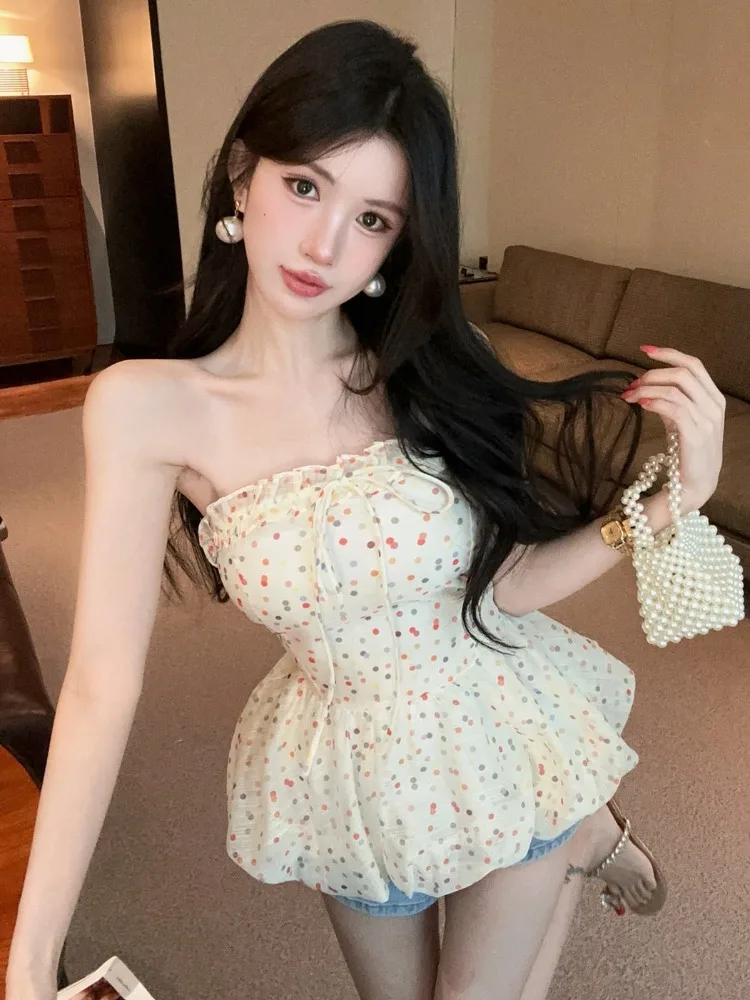 

Sweet Girl Polka Dot Flower Bud Vest Slimming Sexy Puffy Korean Style Knitted Top for City Walk Summer Fashion