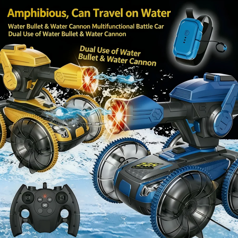 2026 New Amphibious RC Tank Car 2-in-1 Water Blaster & Water Bullet Dual Mode Stunt Off-Road Climbing All Terrain Waterproof Toy