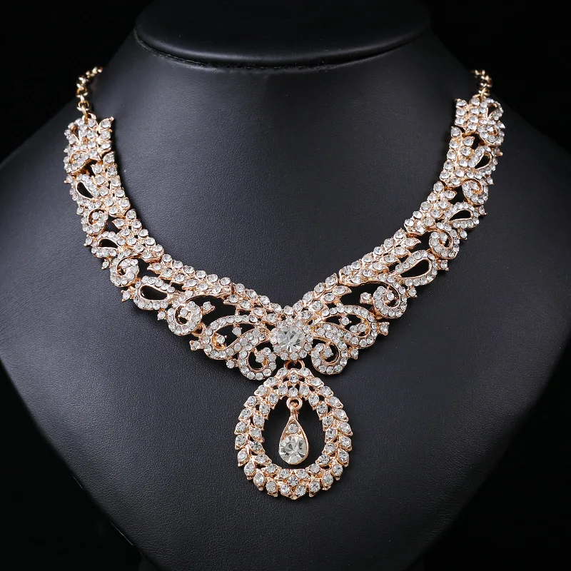 Luxury Gold Color Geometric Crystal Earrings Choker Necklace Wedding Jewelry Sets Elegant Bride Party Costume Dress Accessories