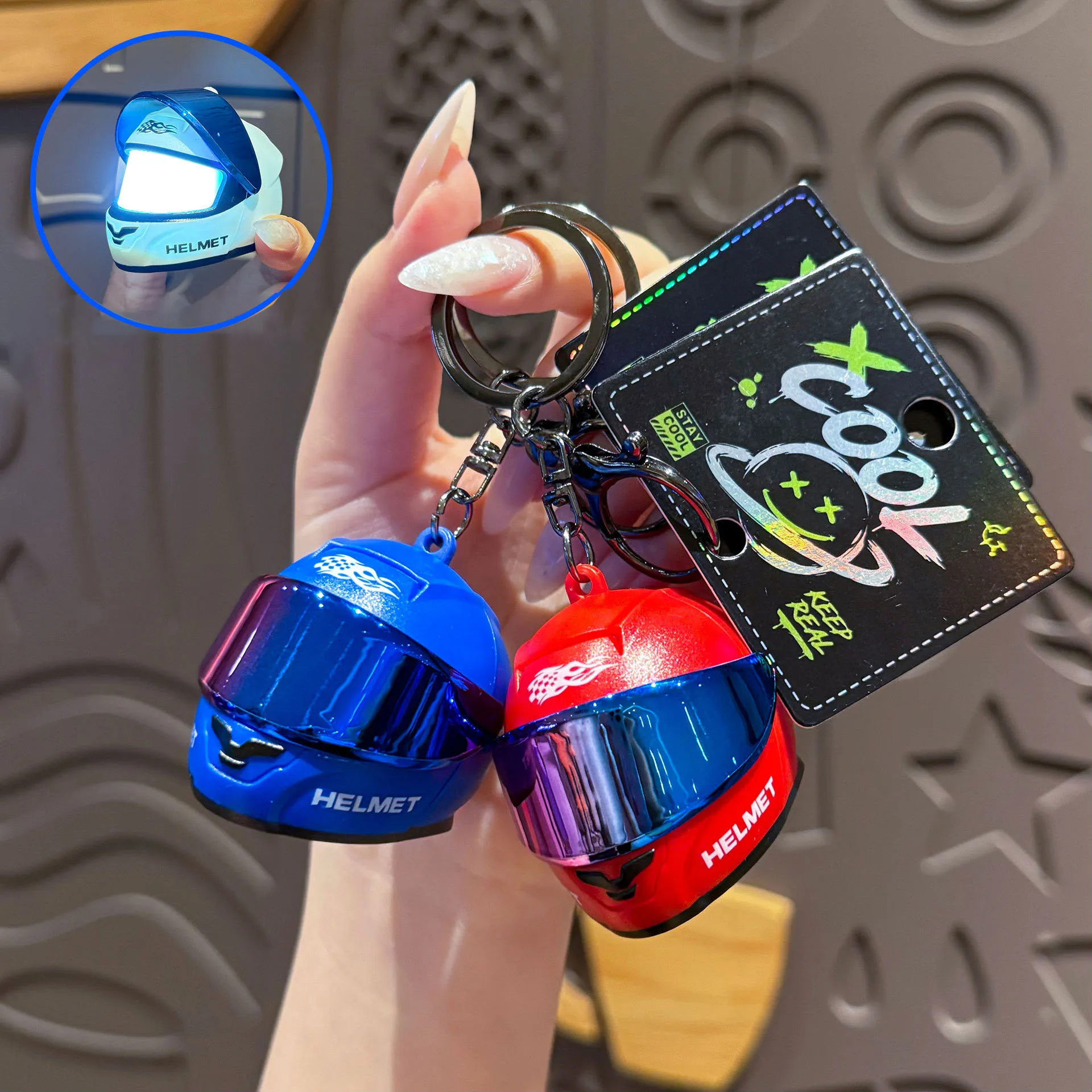 3D Mini Helmet Keyring Cool Motorcycle Rider Model Helmet Keychain with LED Light Gifts for Night Warning Bikers, Car Lovers