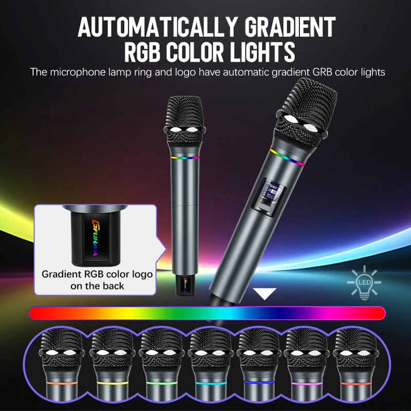 FUHAM ميكروفون لاسلكي 2-قناة RGB تأثير الضوء ميكروفون لاسلكي محمول نظام ميكروفون الكاريوكي مناسبة للحفلات