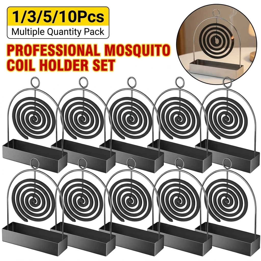 1-10Pcs Mosquito Coil Holder Iron Art Incense Burner with Ash Tray, Anti-scald Carbon Steel Stand for Home Indoor Outdoor Use