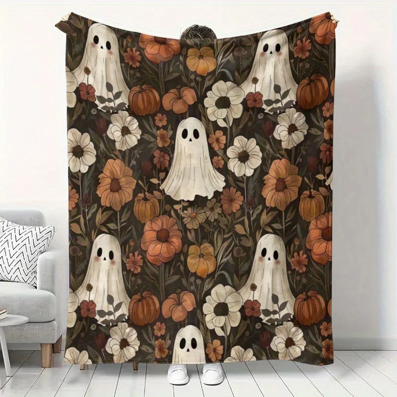 1pc Vintage Halloween Blanket - Spooky Ghosts & Autumn Floral pattern with Golden/Green/Brown/Beige Tones - Soft Flannel All-Sea
