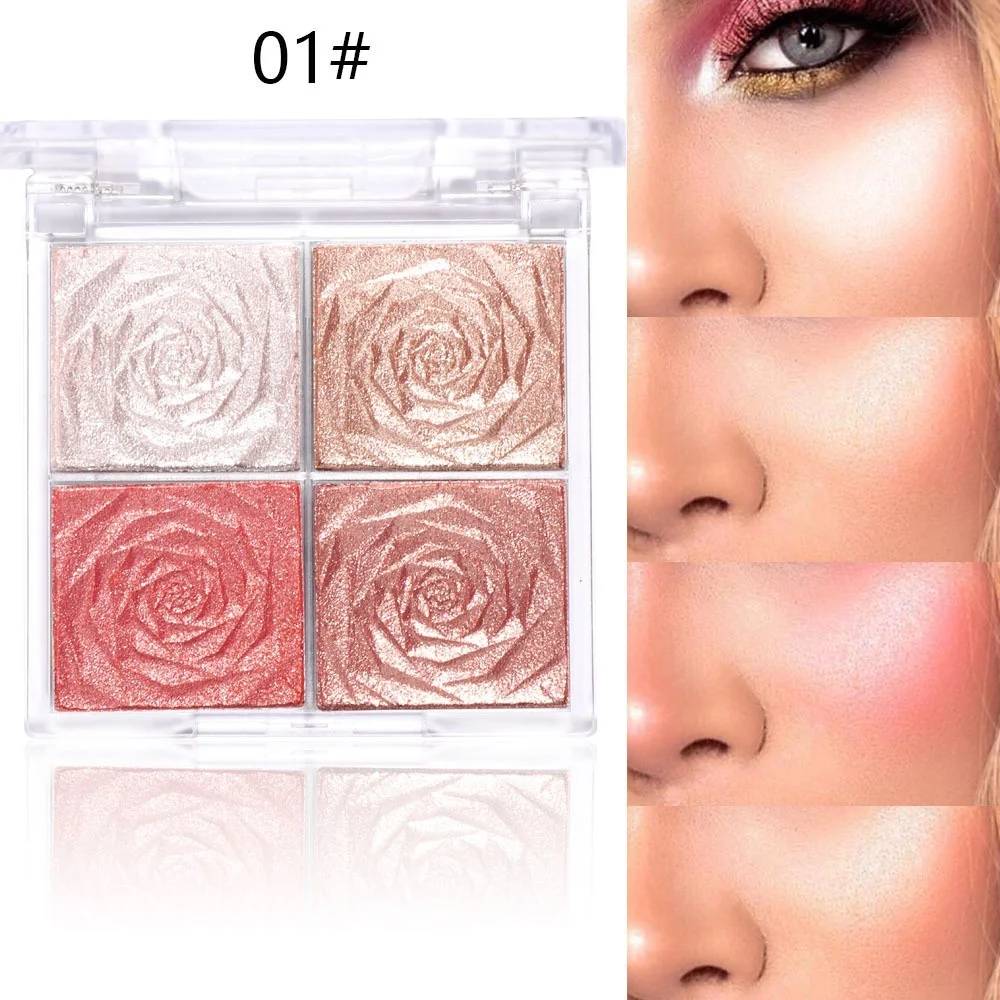 4 Colors Rose Diamond Highlighter Powder Palette Glitter Face Contour Makeup Shimmer Illuminate Brighten High Light Cosmetic