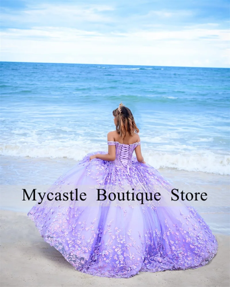 Mexico Purple Lace Sweetheart Ball Gown Quinceanera Dresses 2024 Beaded 3D Flowers Sweet 16 Dress Birthday Party Gowns Lace up