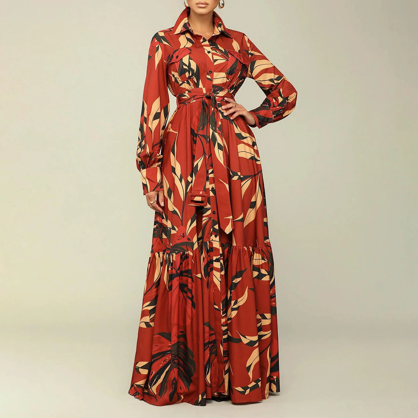 

Fashion Printed Flip Straps Ruffled Pocket Long Sleeve Shirt Dress Women Spring Loose Button Long Sleeve Shirt Dress For Women