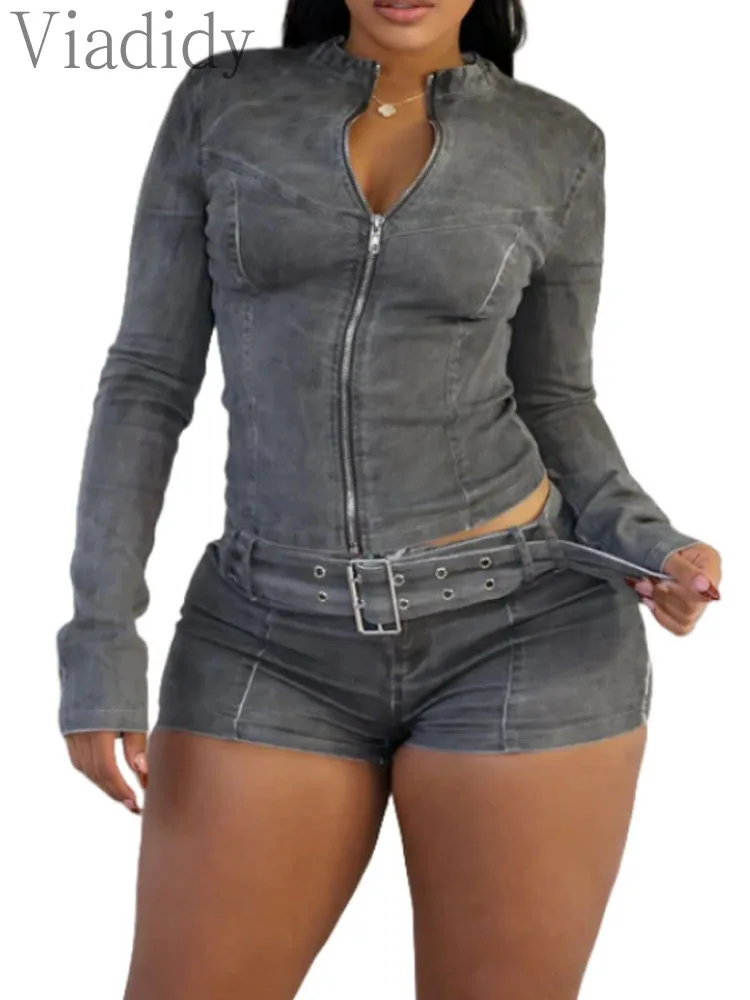 

Women's Sexy Solid Color Denim 2pcs Set Long Sleeve Zipper Front Top and High Waist Belted Shorts Set