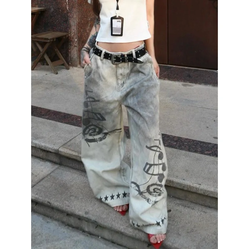 

Women's Jeans American Vintage Old Dirty Dyed Printed Loose Jeans Summer Hip-hop Punk Hottie Streetwear Wide-leg Pants Y2K