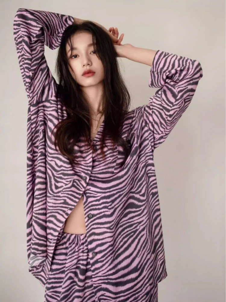 

2025 Women's Pink Purple Zebra Print Pajama Set - Loose Long Sleeve Shirt & Pants, Sweet Edgy Vintage Loungewear Spring Autumn