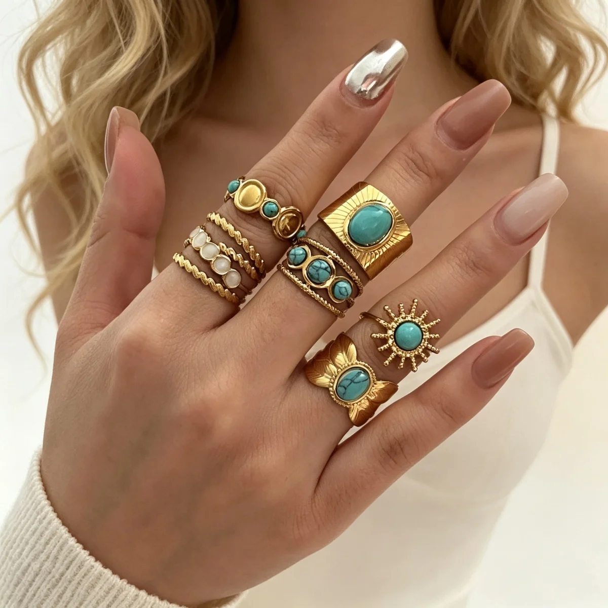Edelstahl Blau Naturstein Geometrische Fingerringe für Damen und Herren Französischer Vintage Sonnenblumen-Blatt Runder Ovaler Ring Schmuck – Detail 4