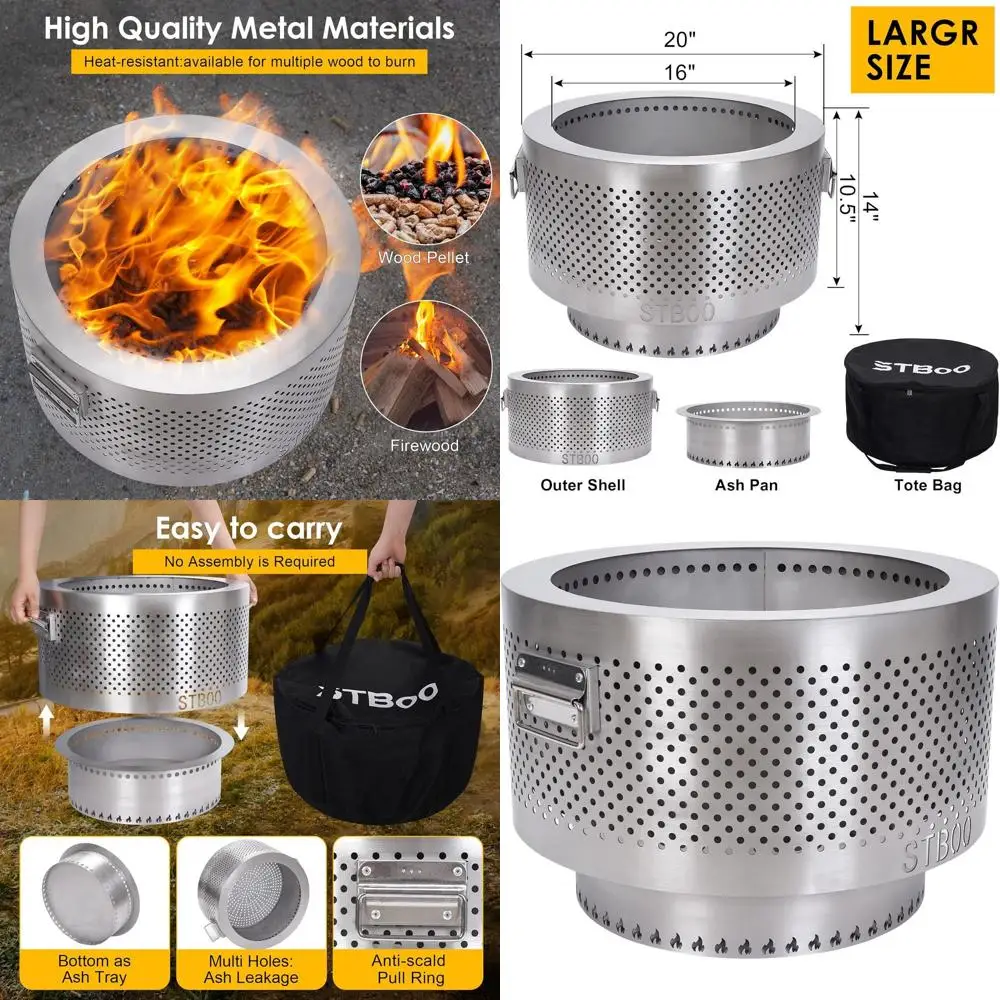 

Портативная большая чаша для костра 20 дюймов для улицы, пляжа и кемпинга с сумкой для переноски и хранения - нержавеющая сталь, большая