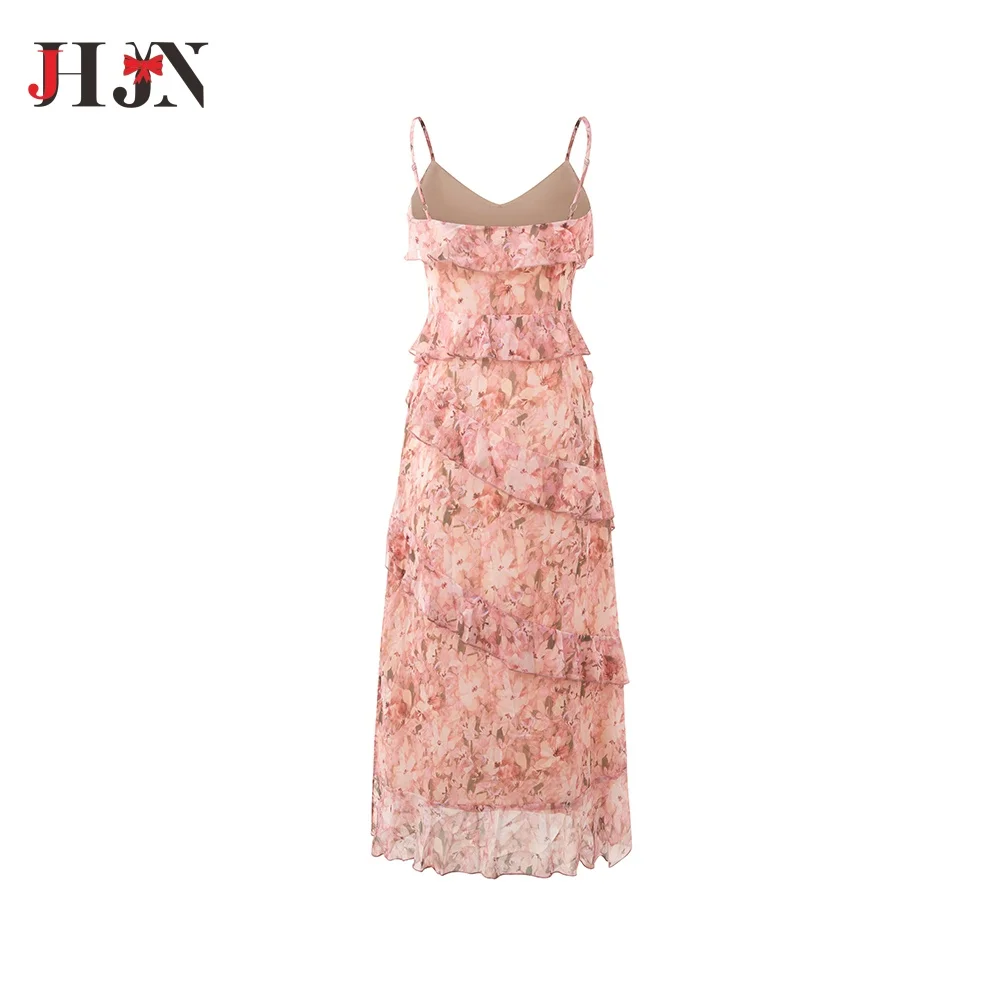 JHJN 2025 modelos de verano para mujer vestido con tirantes florales cintura fina volante pequeño temperamento fresco Falda larga