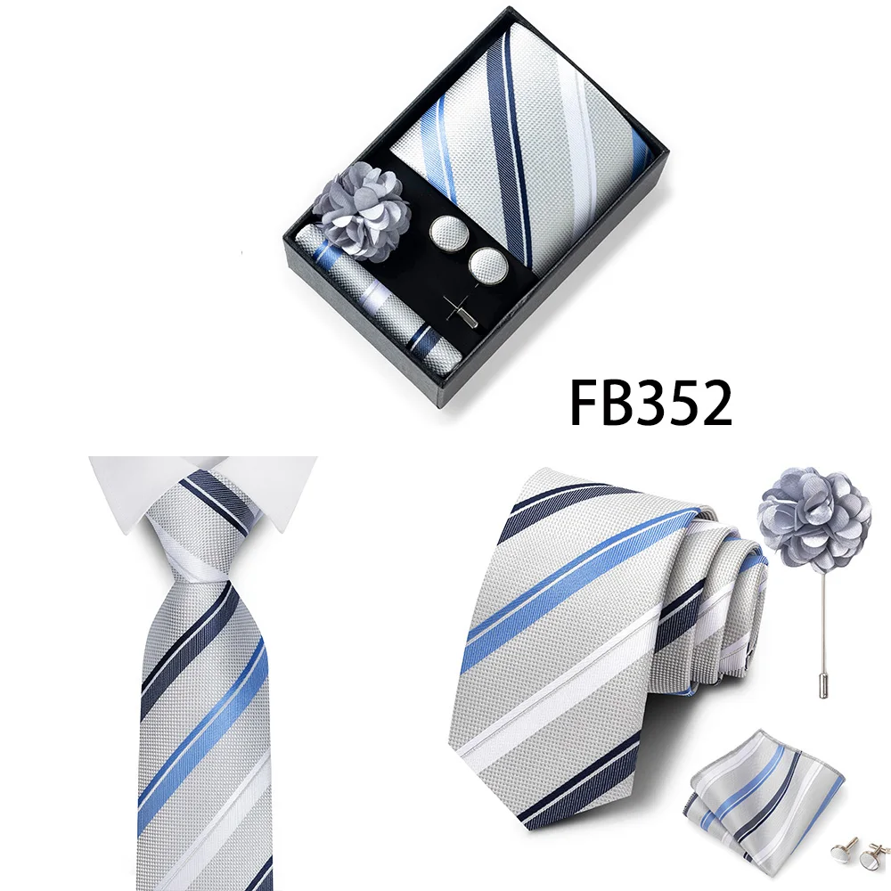 Neues Marken-Mode-Set: 8 cm Krawatte, Einstecktuch, Manschettenknöpfe und Brosche für Herren, Rot-Grau, Hochzeit, Geschenkbox, Passend für Partys – Detail 15