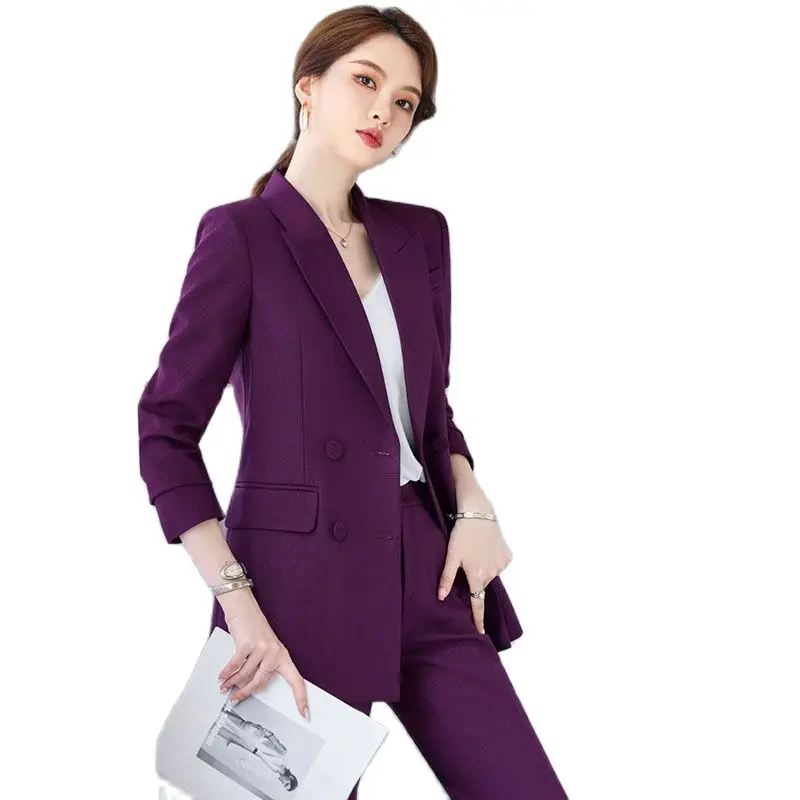 Women's Suit Double-breasted Long-sleeved Jacket And Trousers Office Women's Business Work Suit 2023 New Blue Purple Black