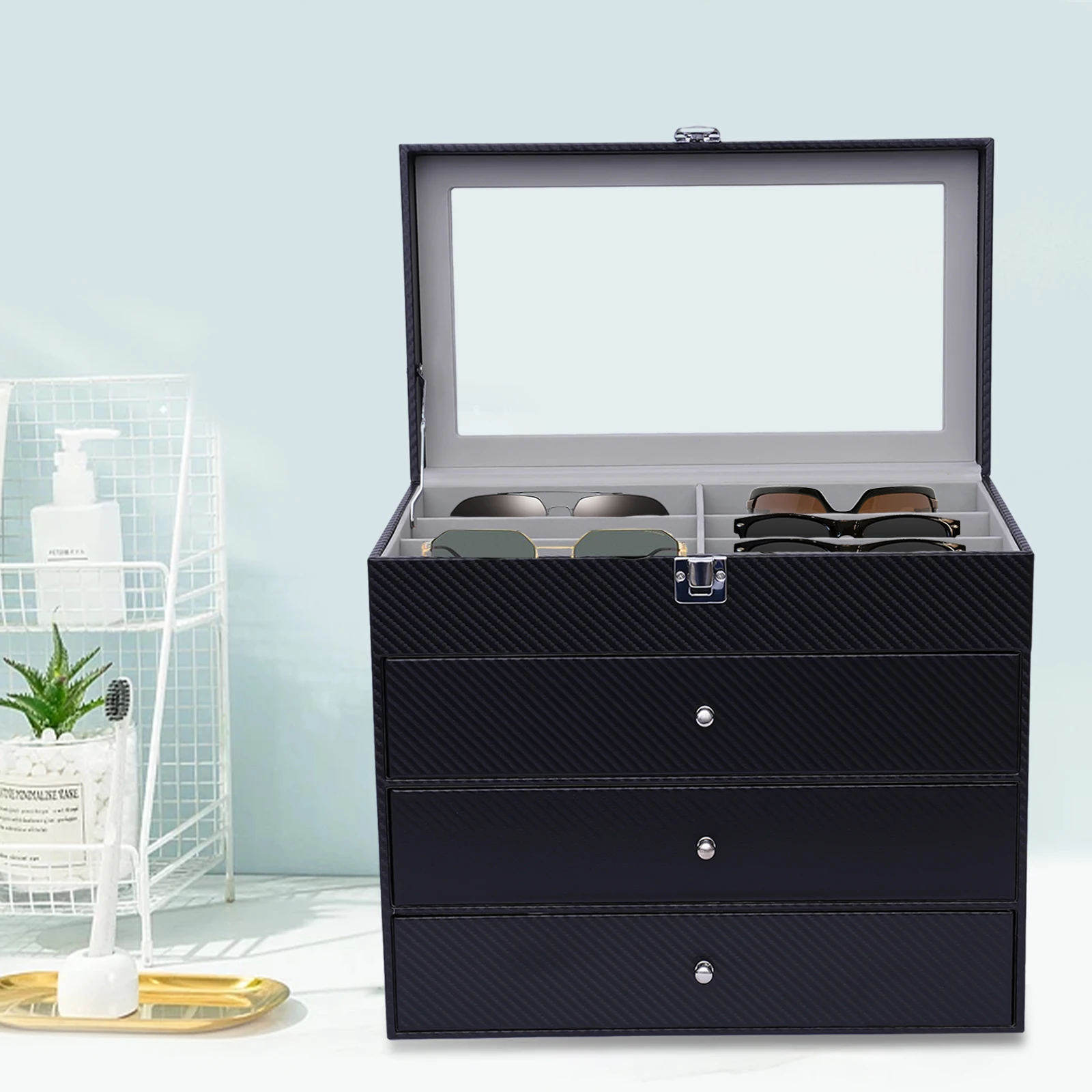 Glasses Box Case Tray Display Showcase Organizer Jewelry Tray With Cover 33.5*19*29.5cm Storage Helper