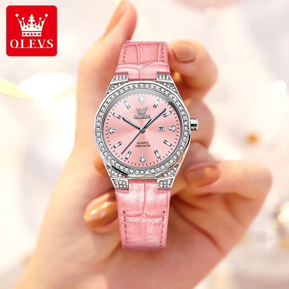 OLEVS Women\'s Watches Young Fashion Original Quartz Watch for Girl Pink Dial Waterproof Leather Strap Luminous Date Trend Casual