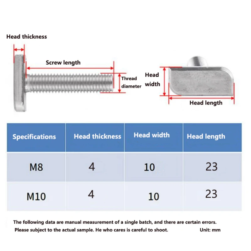 10pcs 304 Stainless Steel T Shape Scews Bolts Aluminum Profile T Slot Photovoltaic Groove Use Square Head Bolts M8 M10