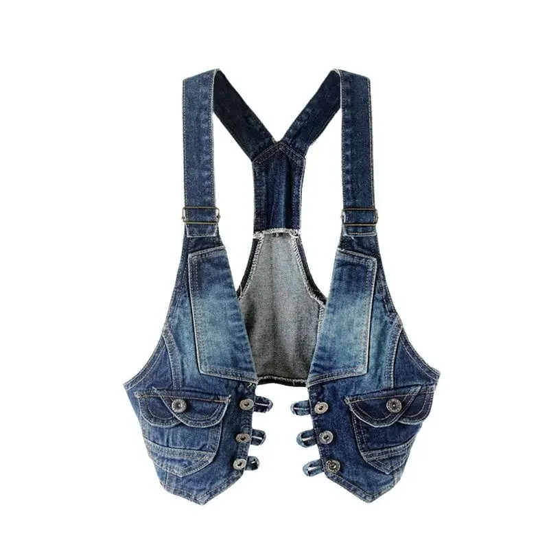 

Women Vintage Vest Denim Jacket Cool Outerwear Slim Sleeveless Jeans Waistcoats Single-breasted Female Short Denim Tops JJ73