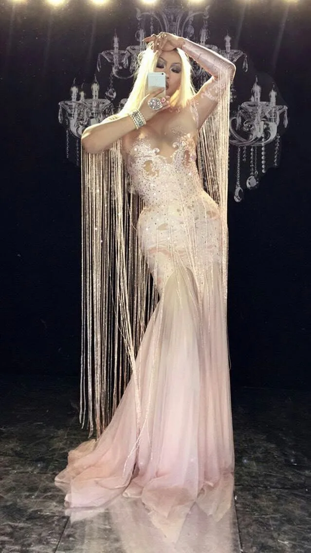 Sparkly Rhinestones Women Evening Party Costume Nightclub Party Singer Performance Stage Wear Wome Sexy Tassel Pink Long Dress