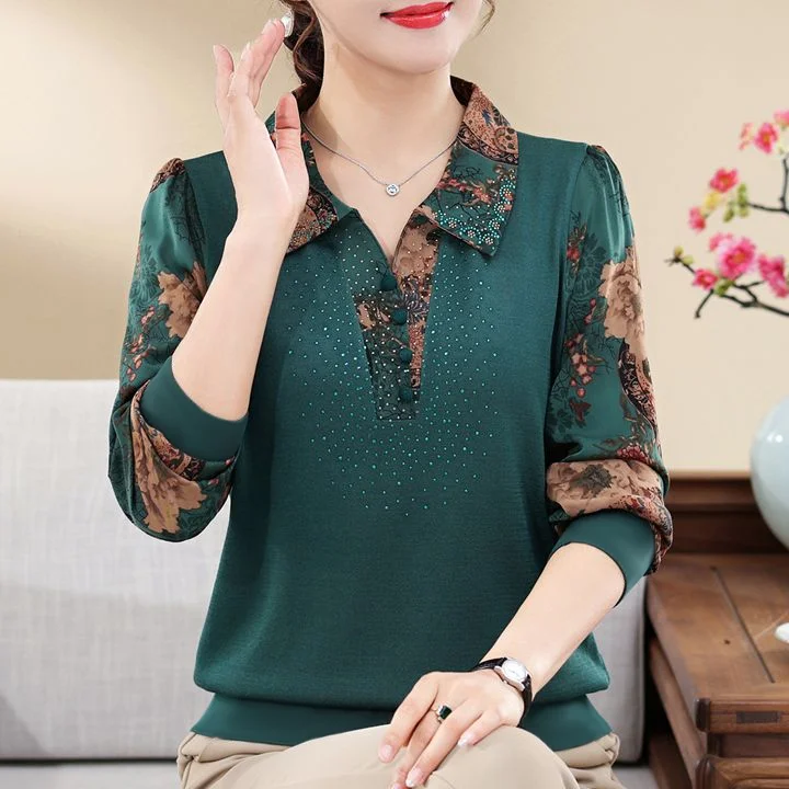 Large Size Middle-aged and Elderly Mother Shirt Autumn and Winter New Retro Printed T-shirt Loose and Slimming Collared Top