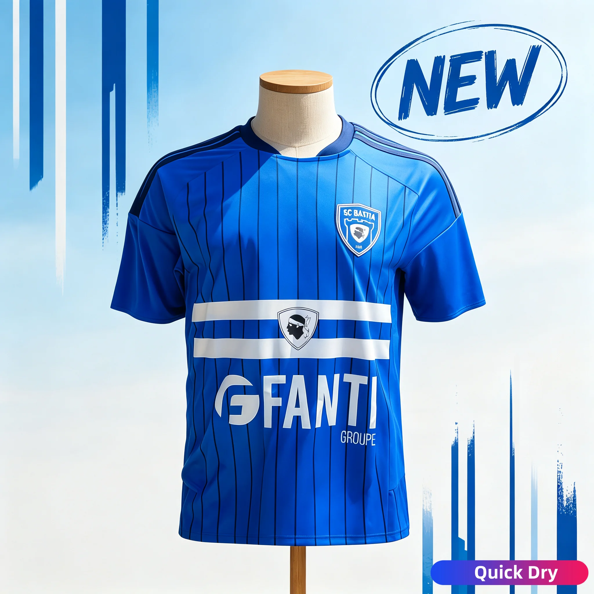 Men France SC Bastia Football Jersey Short Sleeve Adult Fan Version Match Training Sport Soccer Uniform Breathable Quick Drying