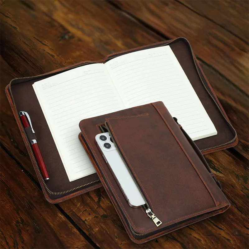 A5 Laptop Business Notebook Cover with Wrist Zipper Pen Slot Handmade Genuine Leather Stationery School Office Supplies