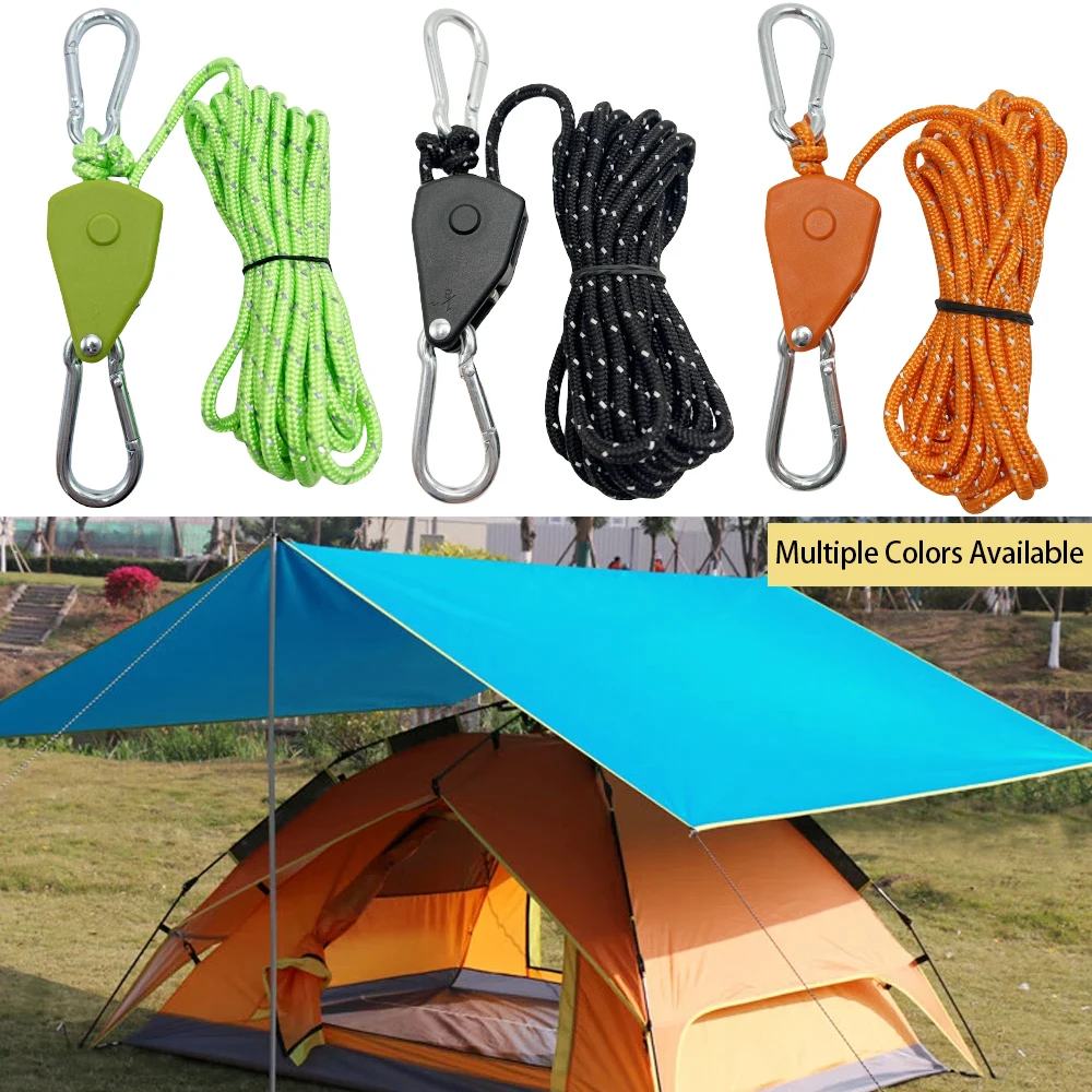 4Pcs 400cm Tent Rope Hanger Pulley Hook Adjustable Lanyard Hanging Reflective Rope Ratchet Hangers Awning Wind Rope Tie Down