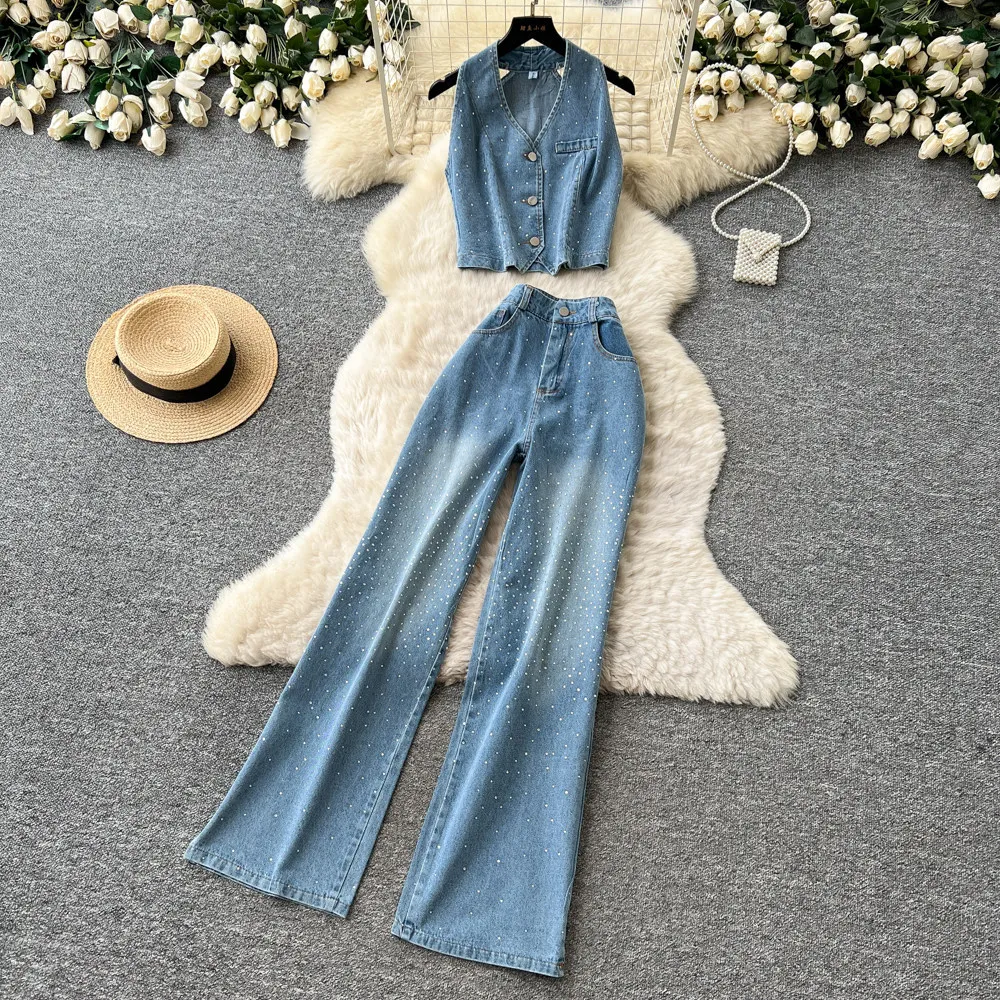 

Women Pant Set Two Piece Sets Denim Halter Sleeveless Sexy Vest Wide Leg Long Pants High Waist Y2k Streetwear Elegant 2026