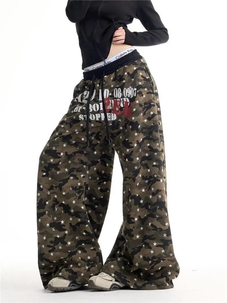 

Fashionable Loose Camouflage Wide Leg Casual Pants Women's Autumn Winter New Arrival City Walk PVC Cotton 100% Silk